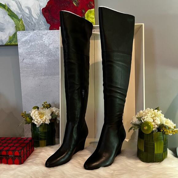 NEW Via Spiga Leather Wedge Over the Knee Kennedy OTK Wedge Heel Boots Black S… - Picture 10 of 16